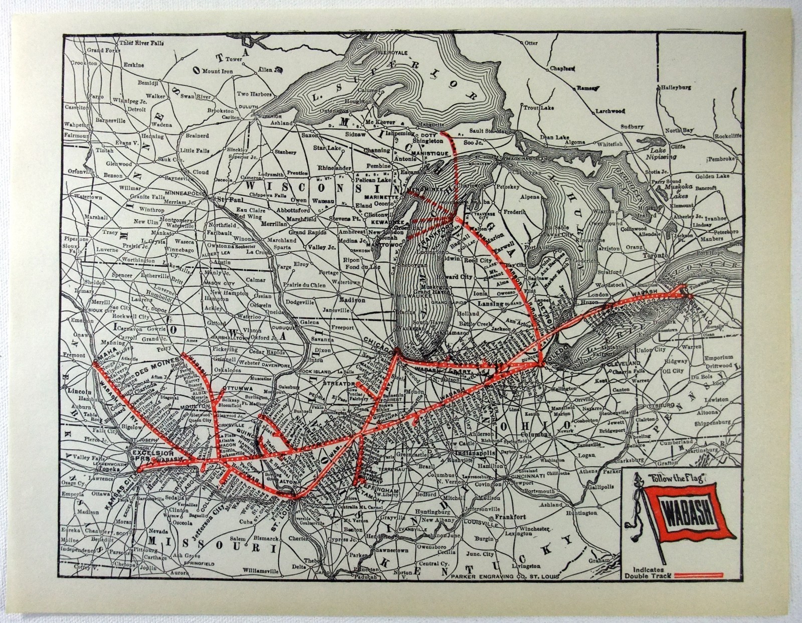 Wabash Railroad – Original 1929 System Map by Parker Engraving. Vintage