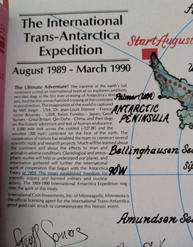 1990 International Trans Antarctica Expedition Signed Map Explorer Dogsled ICI