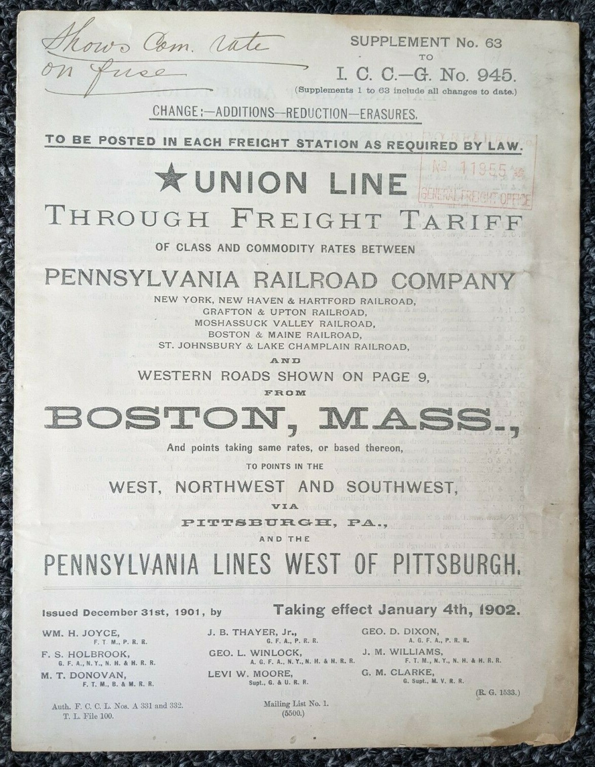 Pennsylvania RR Boston West Northwest and Southwest Freight Tariff 12/31/1901