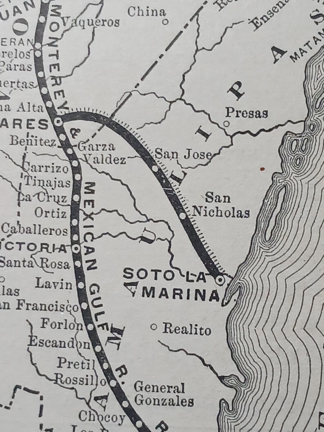 ~ 1895 Train Route Map MONTEREY & MEXICAN GULF RAILROAD Camargo Tampico Mexico