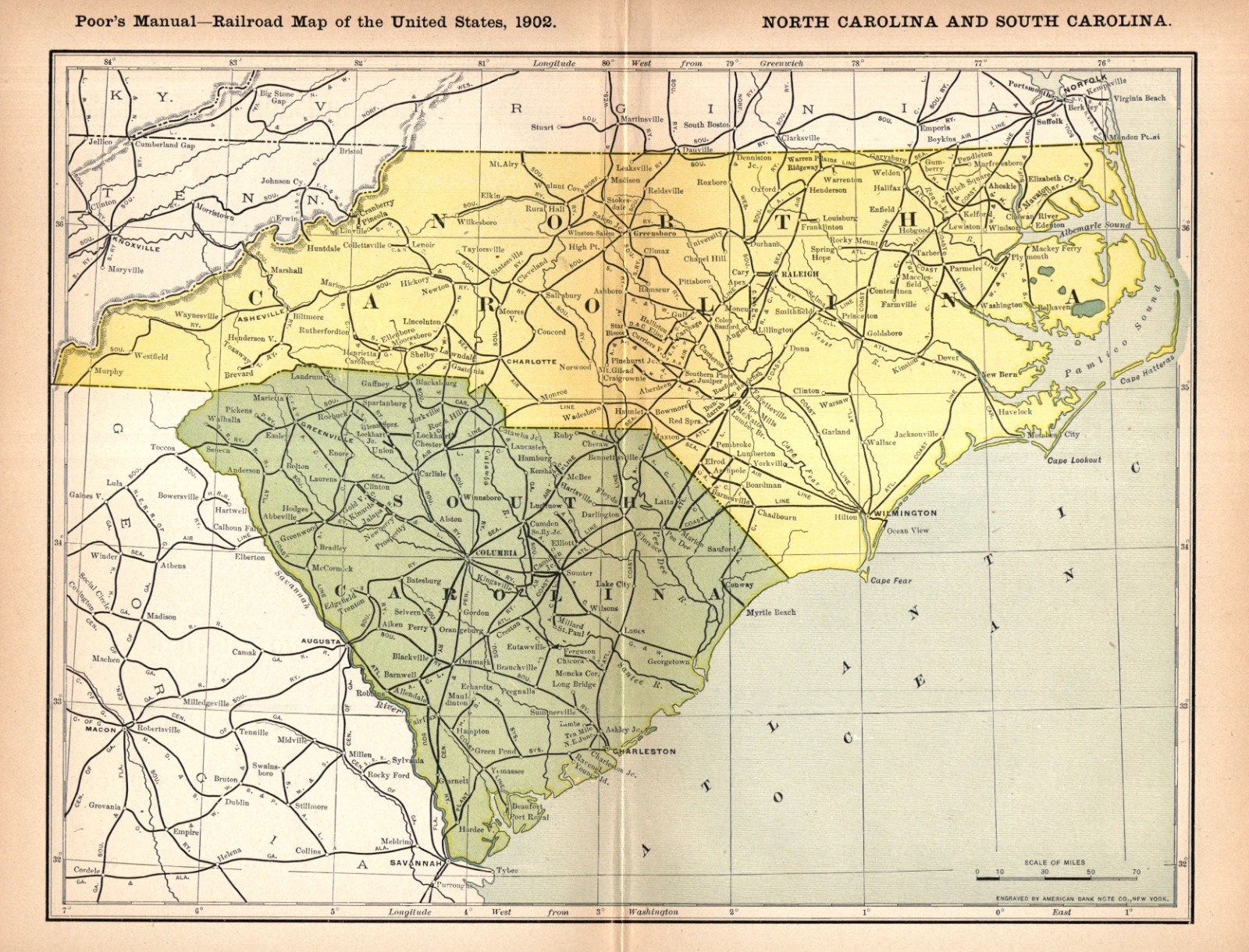 1902 Antique North Carolina South Carolina Railroad Map Railway Map 2904
