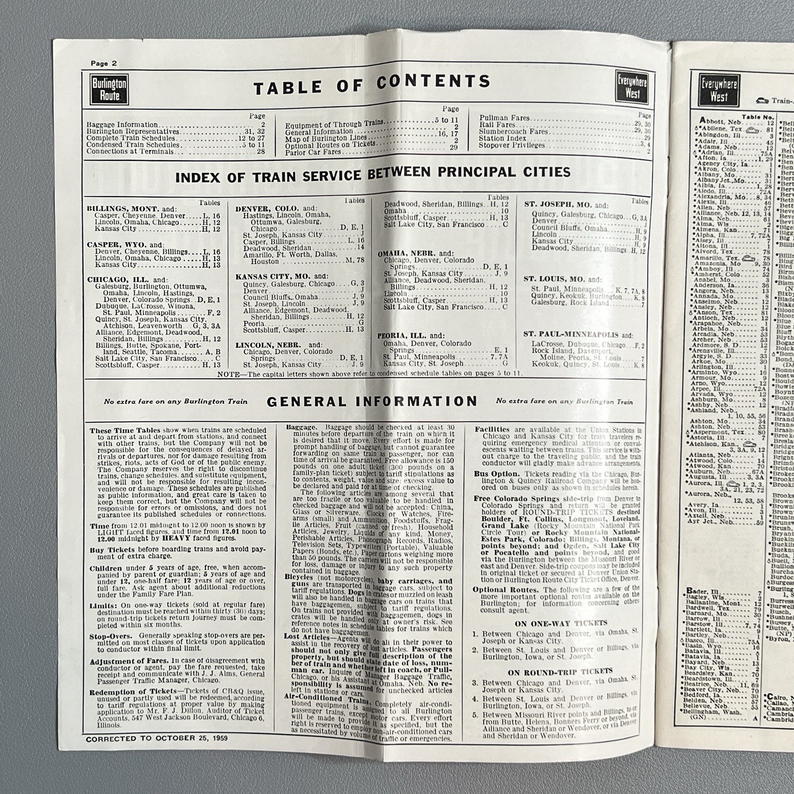 Vtg 1959 Burlington Route Railroad System Time Table Denver Zephyr Vista Map