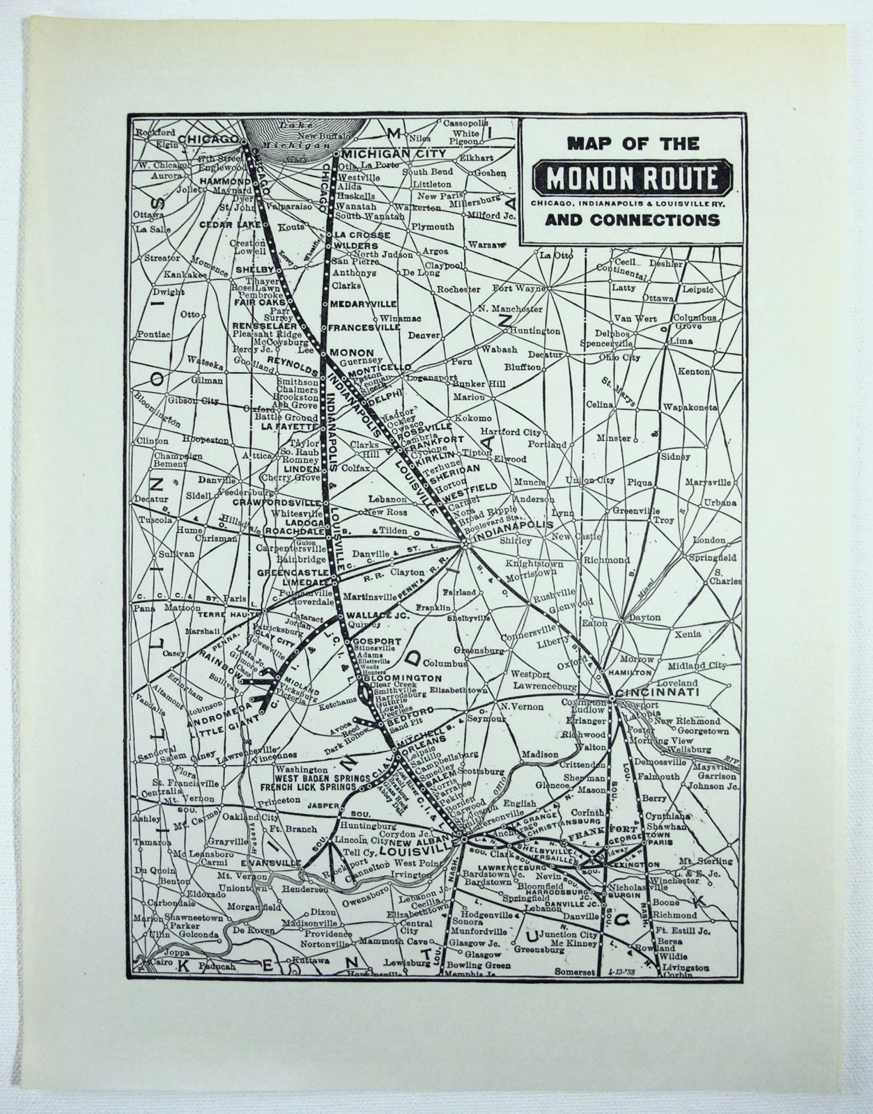 Monon Route – Original 1941 Railroad System Map. Vintage Railway