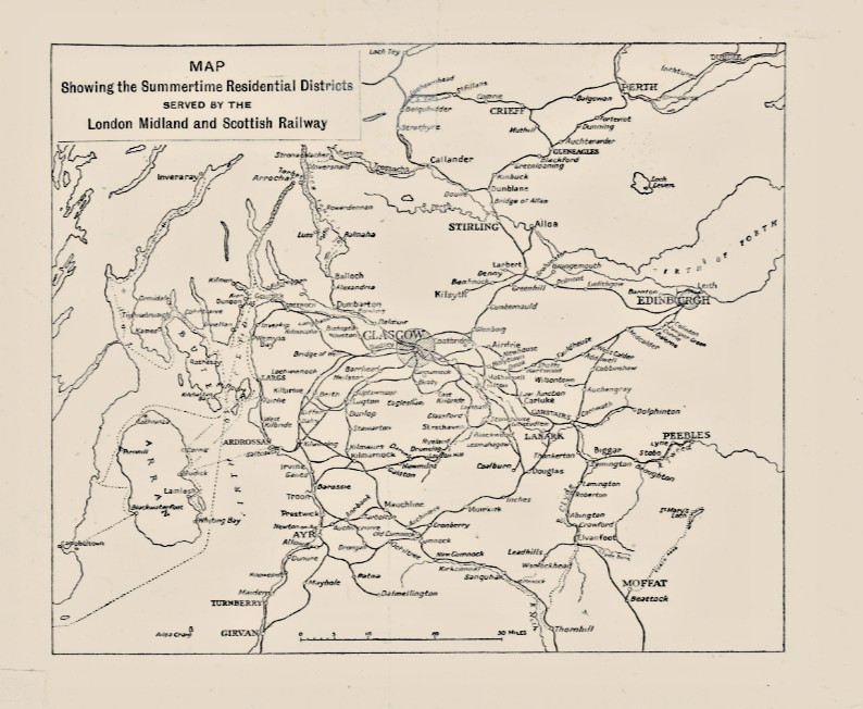 c1910 London Midland and Scottish Railway Time Table Map of Scotland ~ LMS Map
