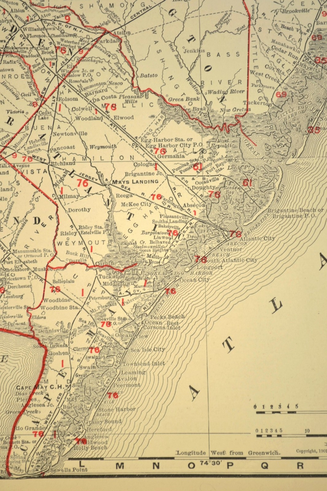 1901 Antique New Jersey Railroad Map Large Atlas West Jersey & Seashore RR DATED
