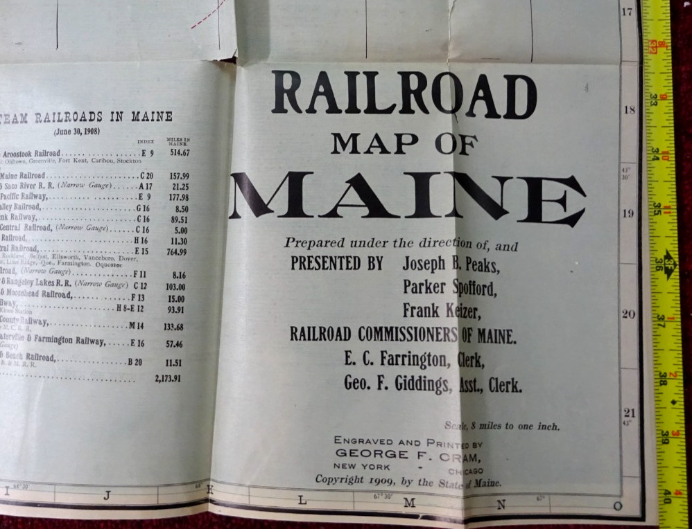 BIG GEO ORAM WALL MAP OF RAILROADS MAINE 41″ x 30″ PRINTED 1909 BY COMMISSIONERS