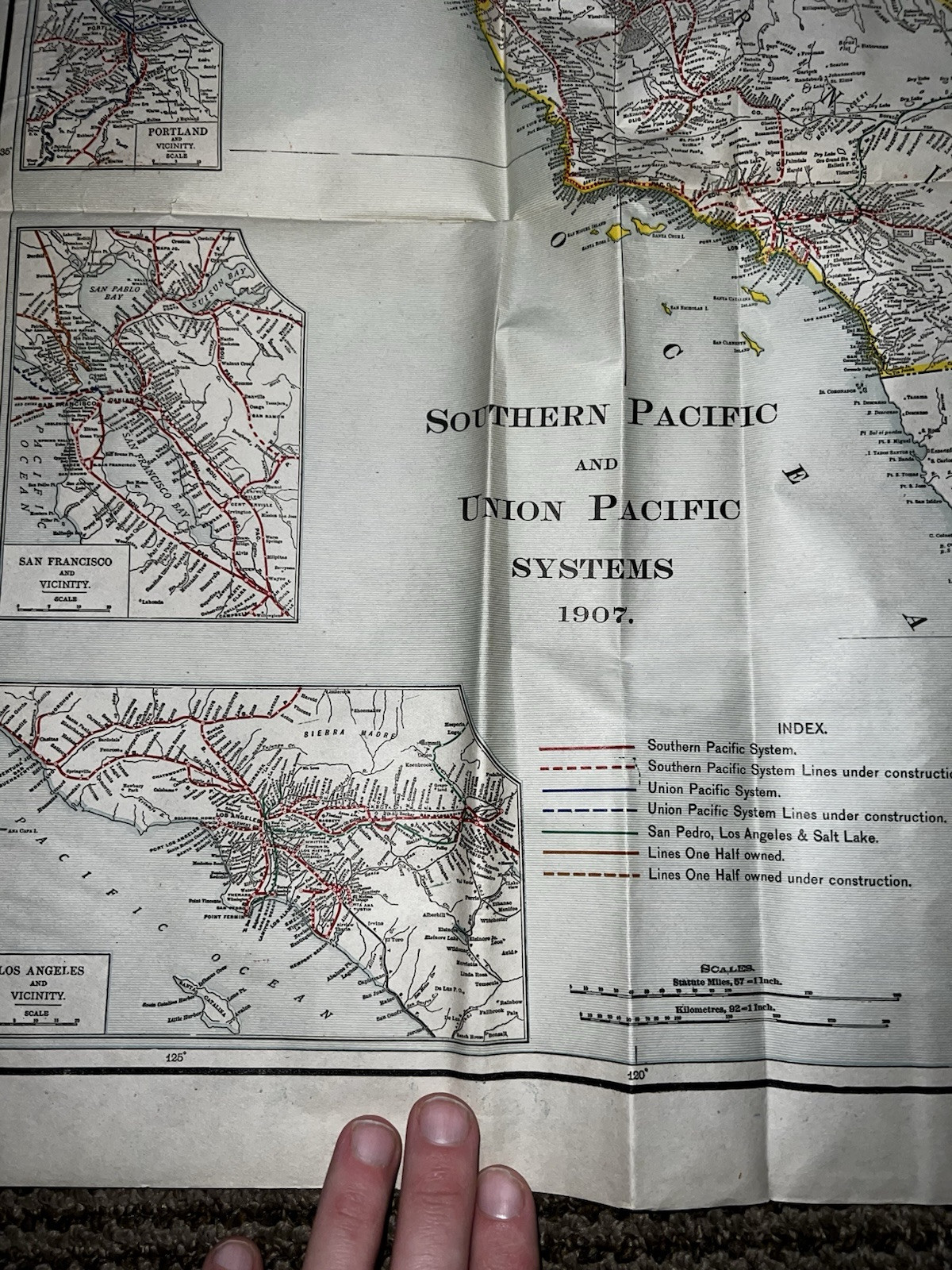 Antique Railroad Map Routes RR Southern Union Pacific Systems 1907 Wall Size