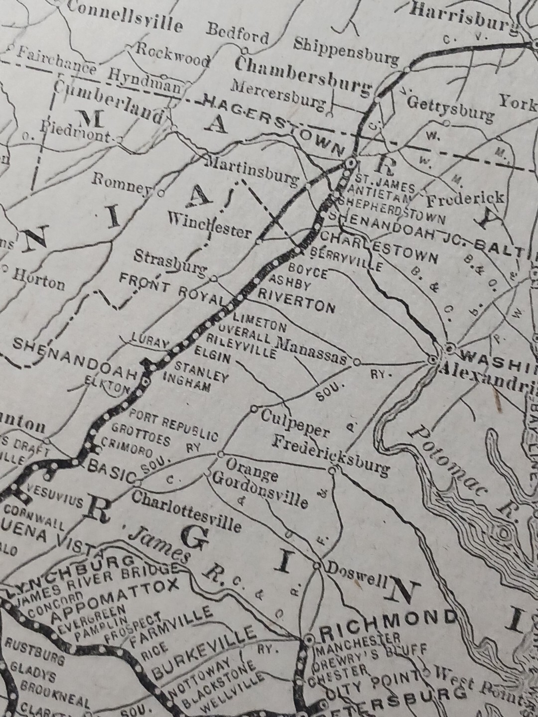 1910 Train Route Map NORFOLK & WESTERN RAILWAY and Connections All Depot Station
