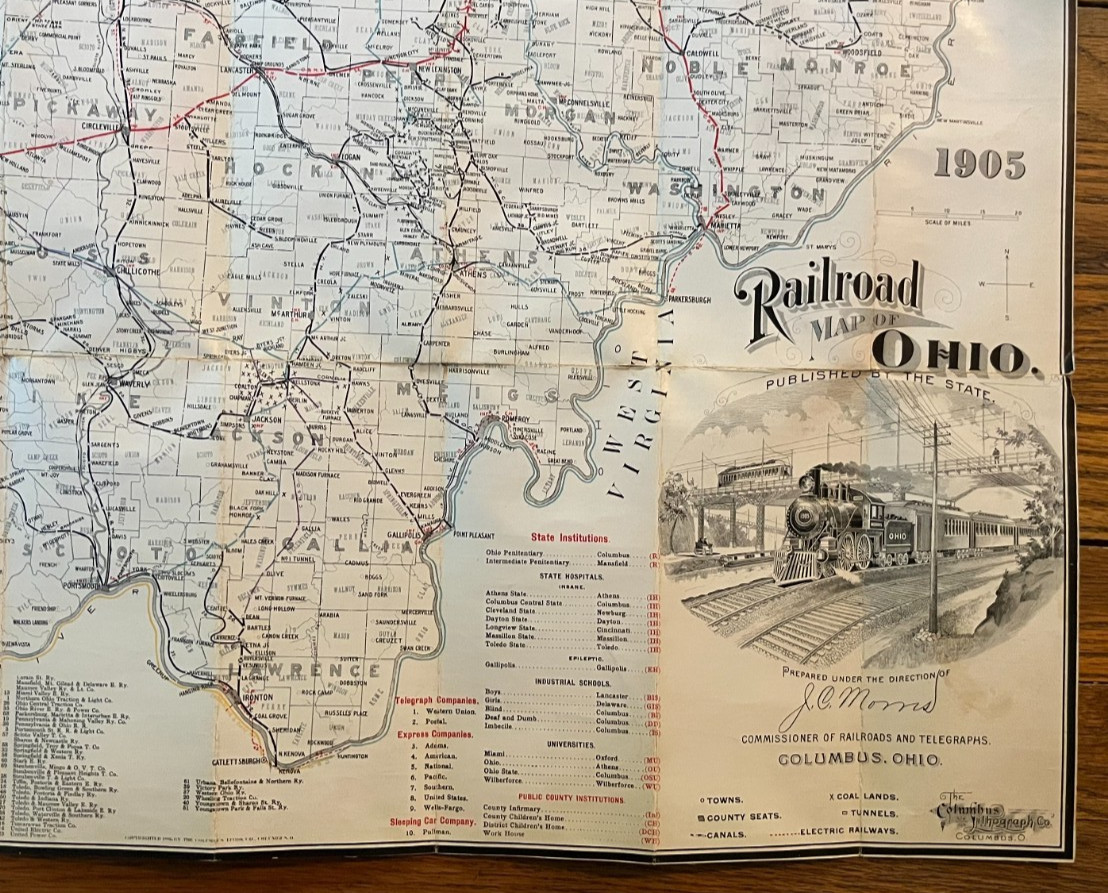 Antique 1905 Railway Railroad Map Of Ohio Linen Back Columbus Lithograph Company