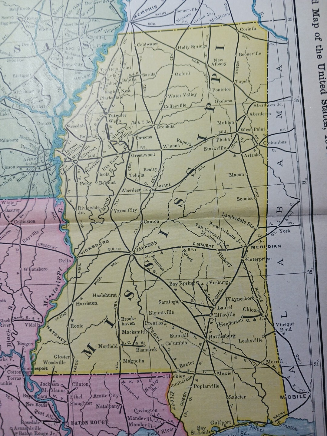 1904 Railroad Map LOUISIANA Arkansas MISSISSIPPI All Lines Train Routes 11″x9″
