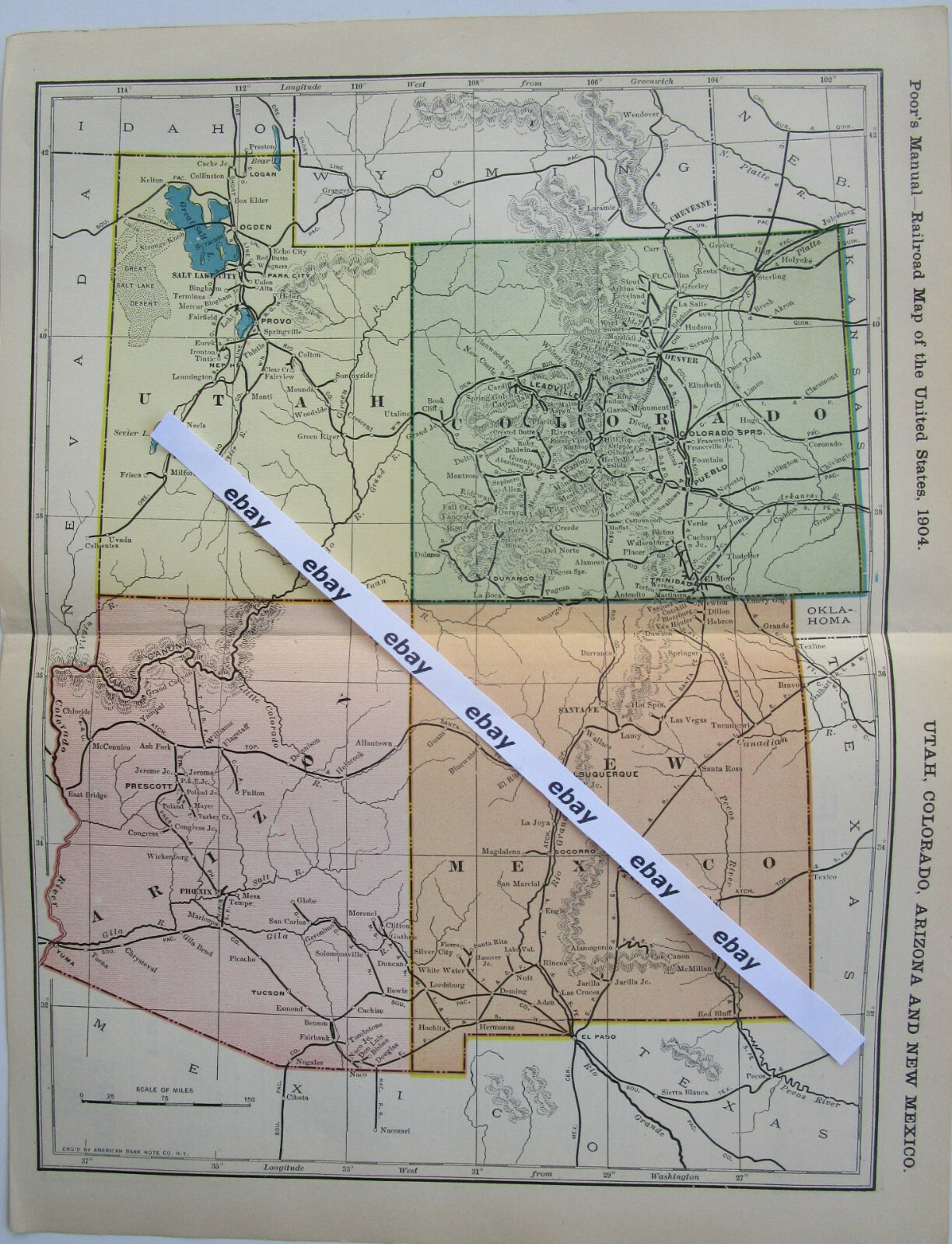 CO UT AZ NM DATED 1904 UTAH, COLORADO, NEW MEXICO, ARIZONA Poor’s Railroad Map