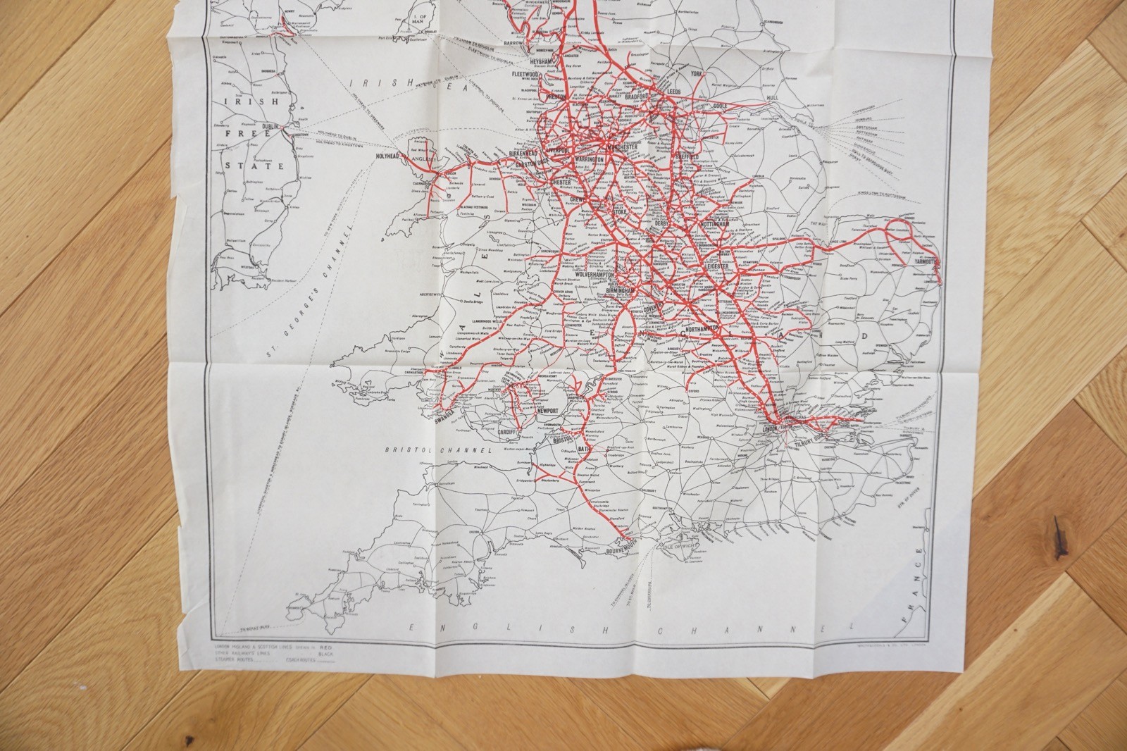 1932 LMS Large Railway Map 91cm x 57cm