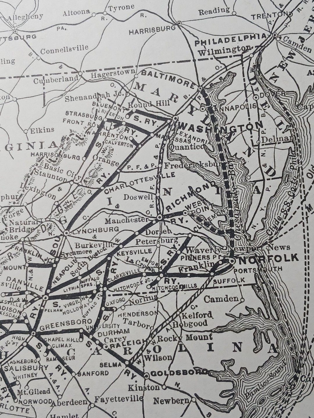 ~1910 railroad Map SOUTHERN RAILWAY and Connections ALL Train routes 9×11″