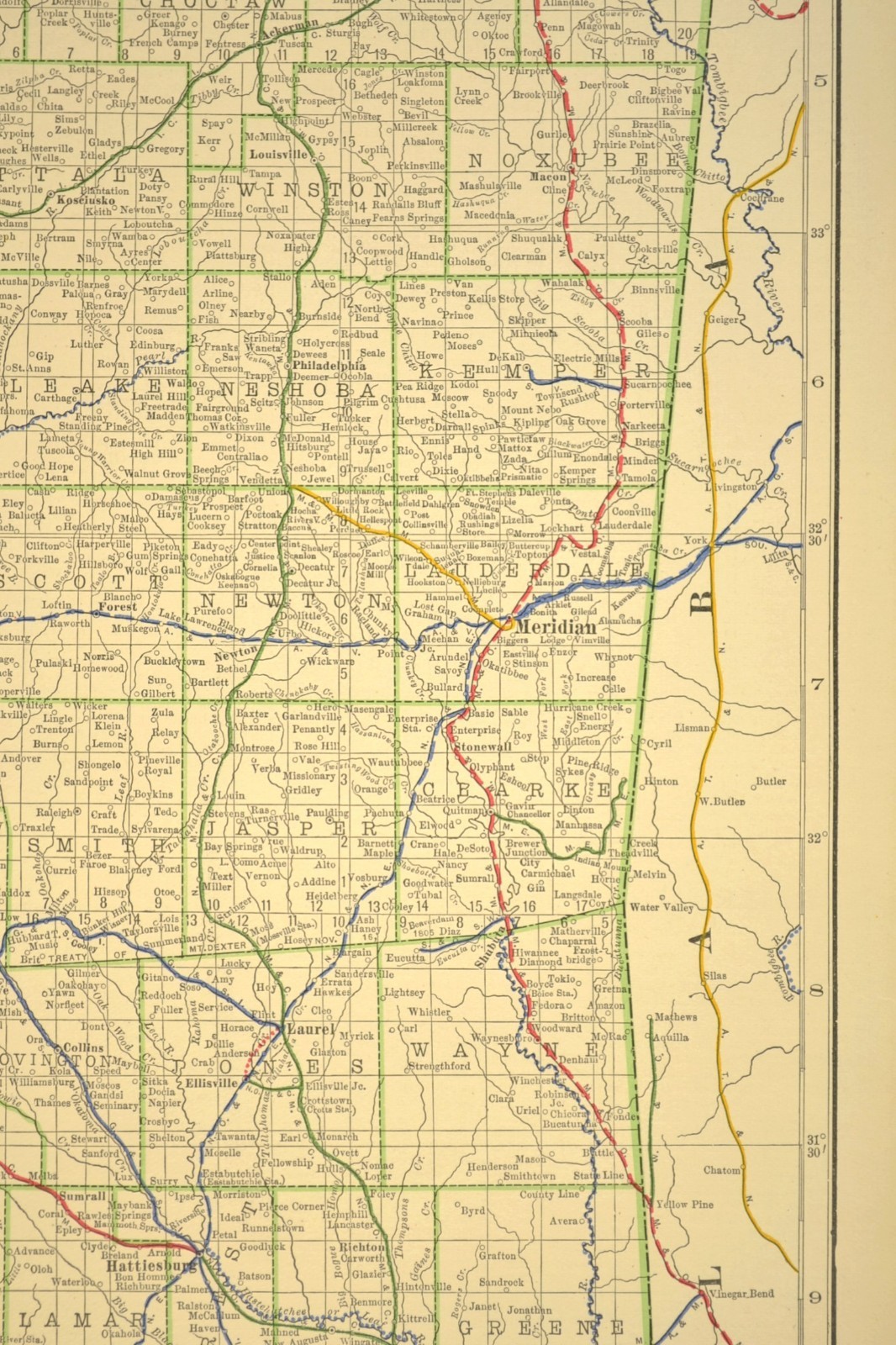1914 Antique Map of MISSISSIPPI Railroads Map ORIGINAL Atlas Map IC RR DATED