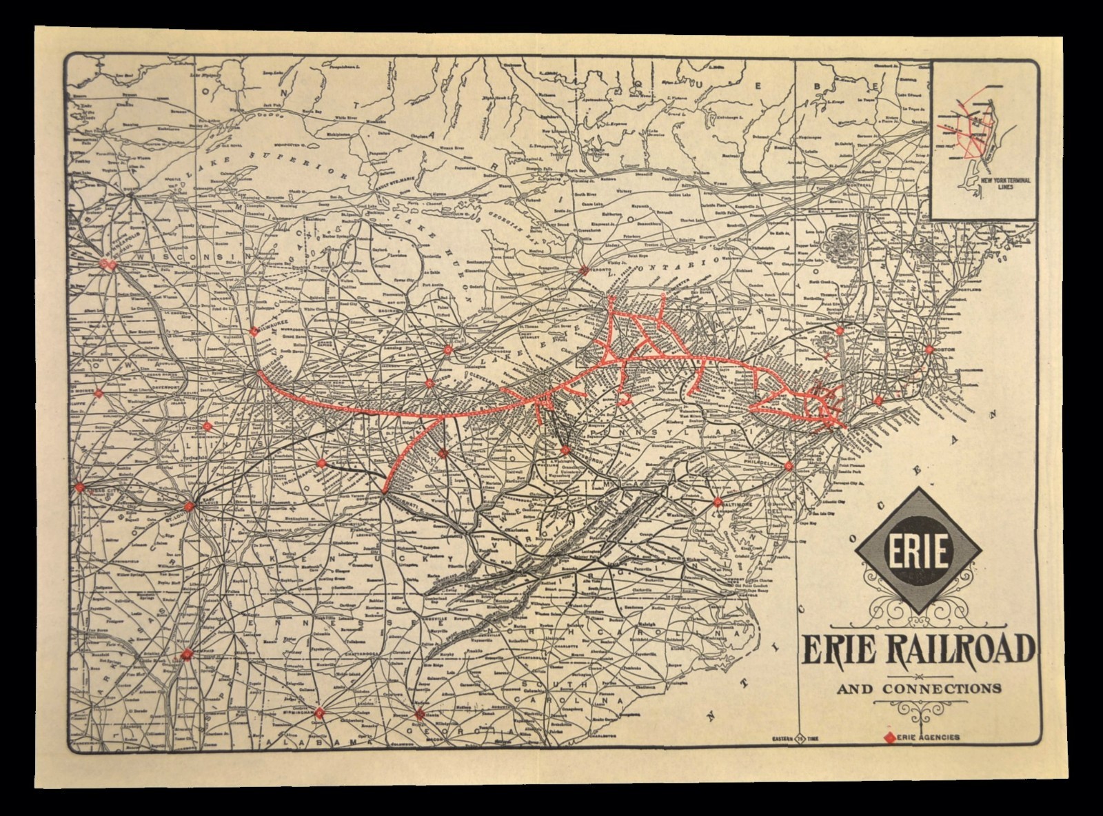 Vintage ERIE Railroad Map Wall Art Old Railway Antique Original Pittsburgh