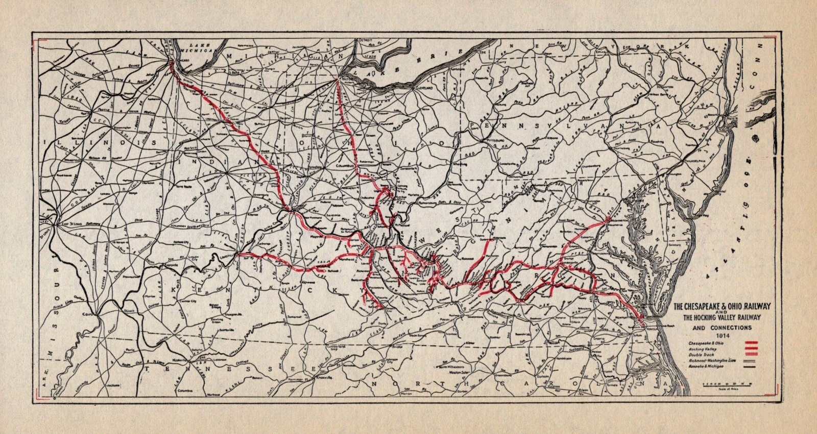 1914 Antique Chesapeake and Ohio Railway Map Vintage C & O Railroad Map #1964