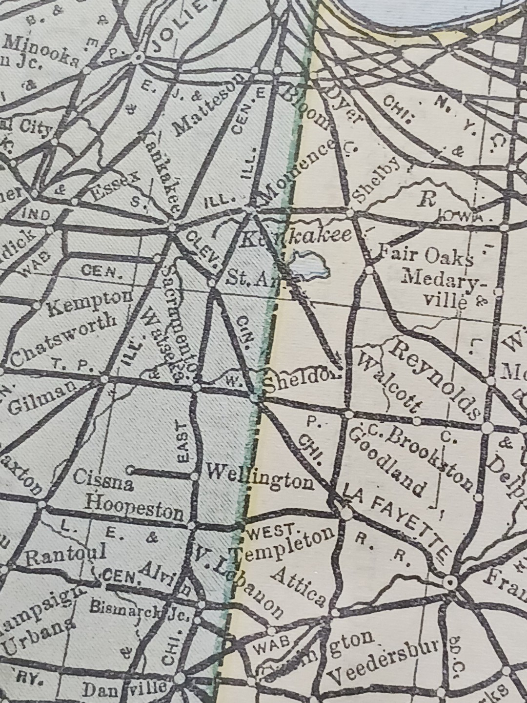 ~ 1897 Train Route Map ILLINOIS & INDIANA ☆ all Railroad Lines & Stations 9×11″
