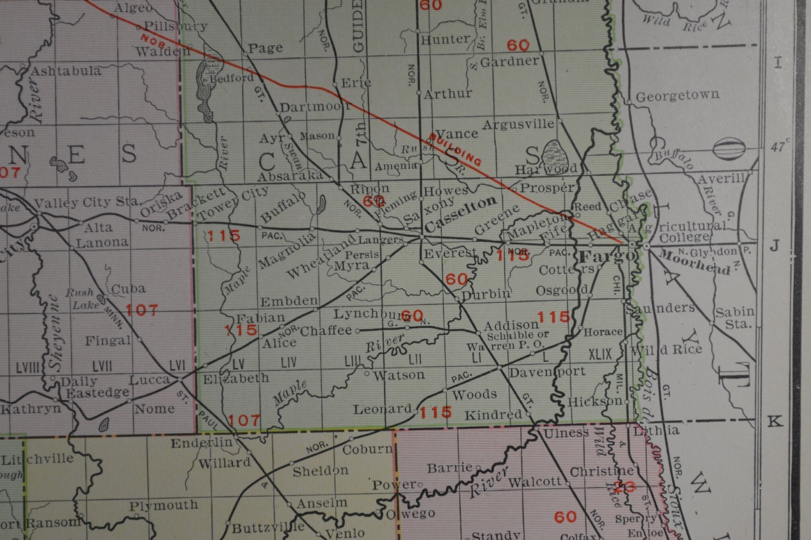 NORTH DAKOTA – 1912 – RAND-McNALLY NEW COMMERCIAL ATLAS – SHOWS RAILROADS