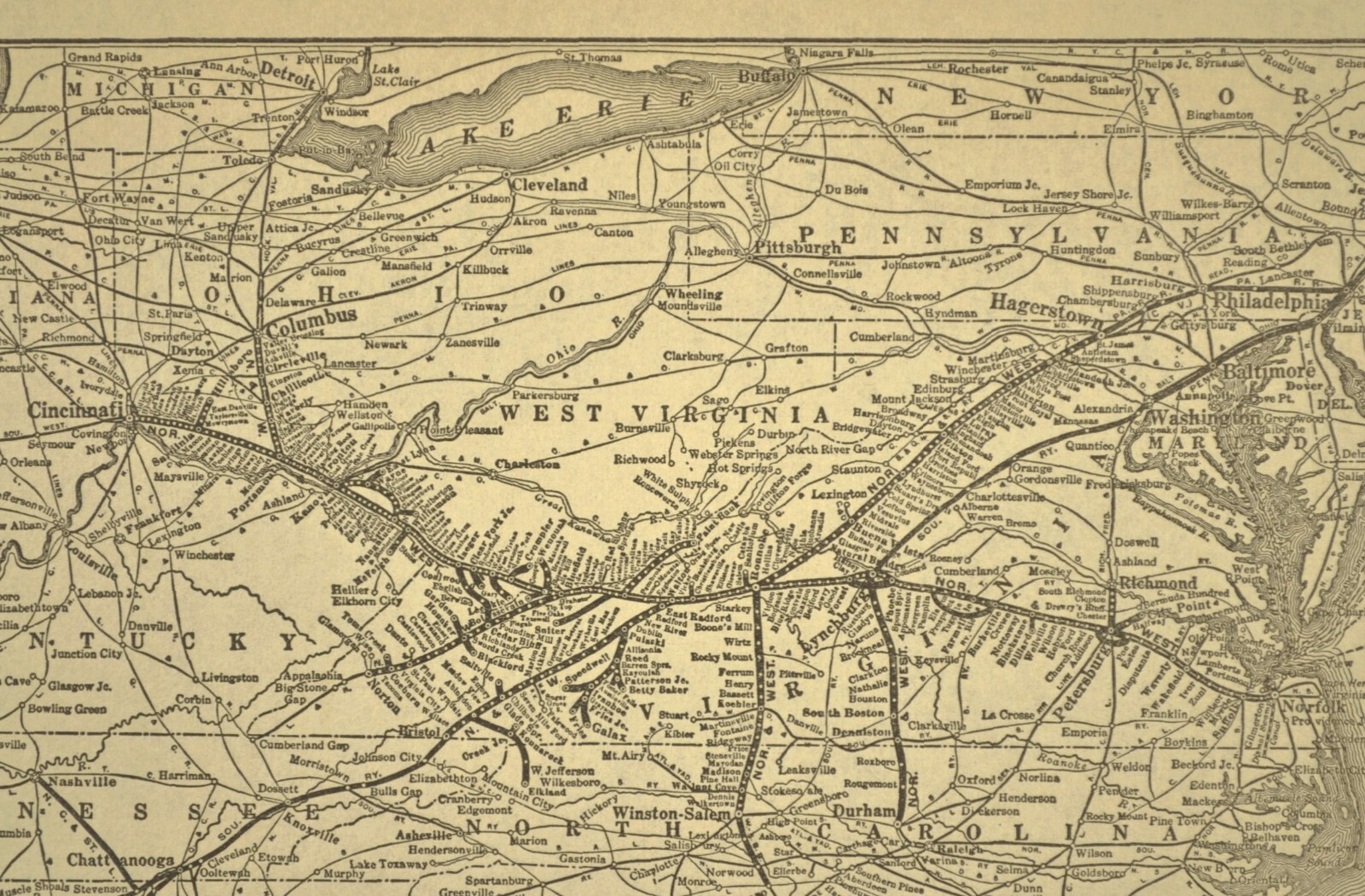 Vintage NORFOLK and WESTERN Railway Map Antique Railroad System Map ca 1929