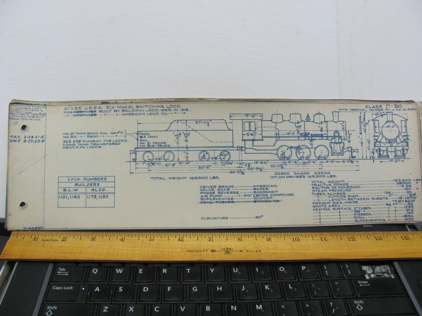 BALTIMORE & OHIO RAILROAD ORIG BLUEPRINT DATA DIAGRAM D-30 LOCOMOTIVE #1150-1188