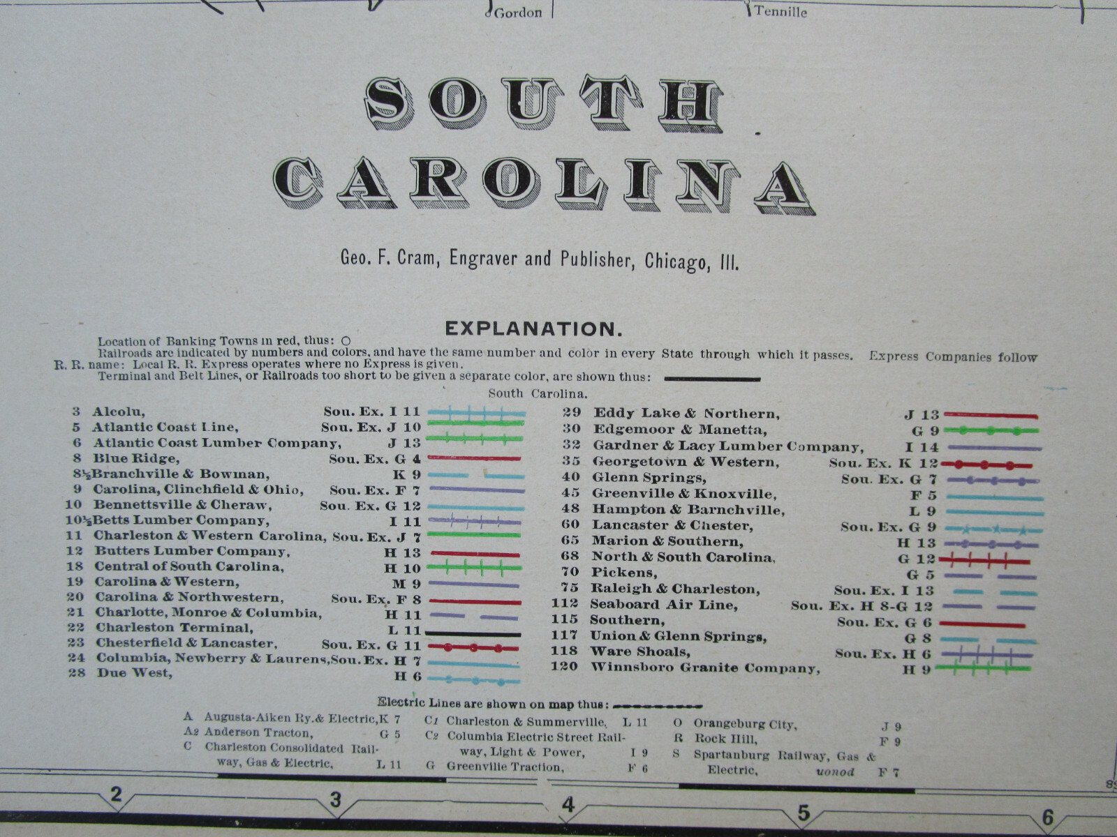 SC 1910 SOUTH CAROLINA Cram INTERURBAN + STEAM RAILROADs Map. EDGEMOOR MANETTA