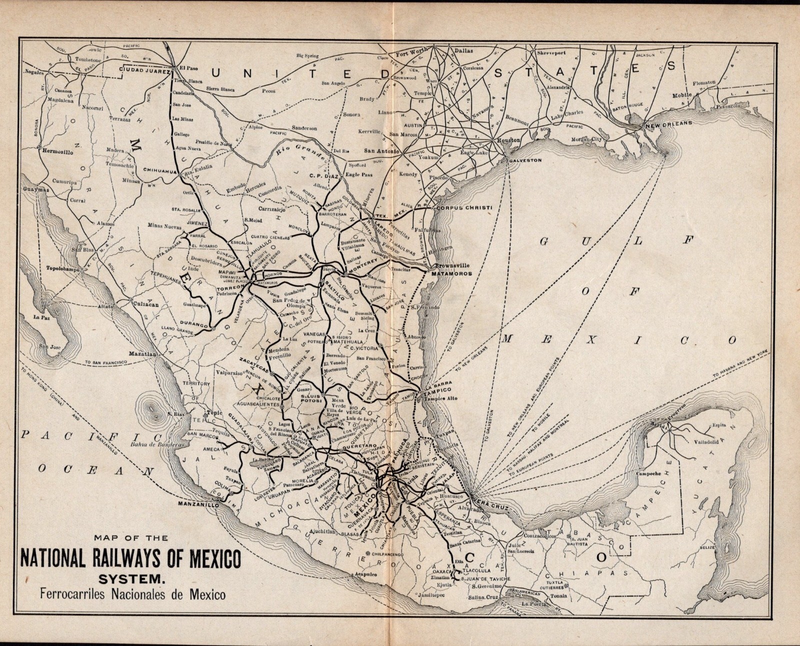 1910 National Railways of Mexico System Railroad Map 1391