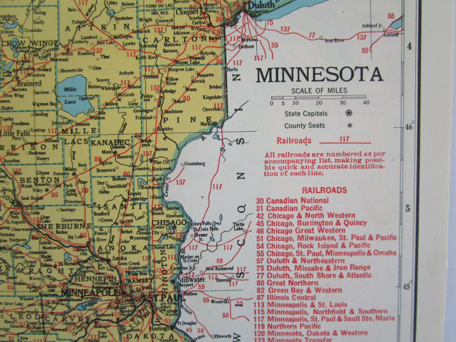 MN MI 1948 MINNESOTA RAILROAD Map. DULUTH & NORTHEASTERN RR ~or~ MICHIGAN
