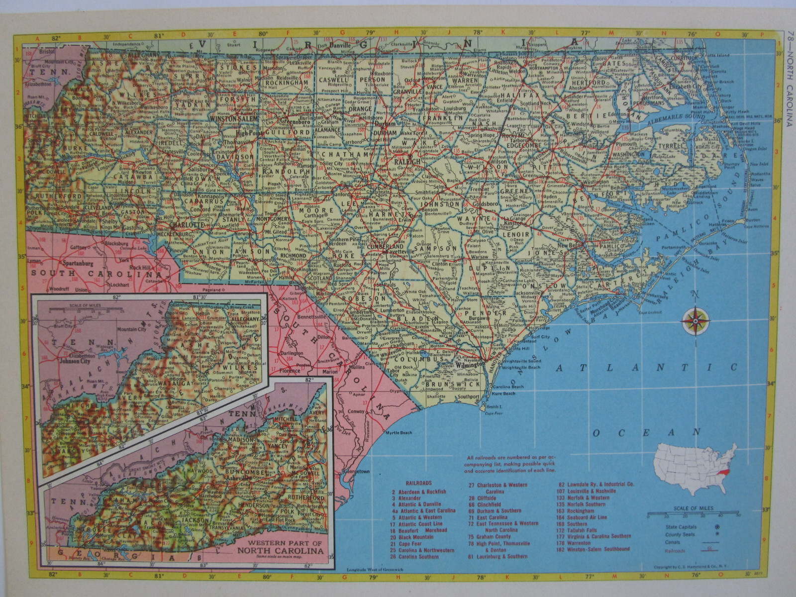 NC NY 1952 NORTH CAROLINA RAILROAD Map. GRAHAM COUNTY RR or NEW YORK 1950s