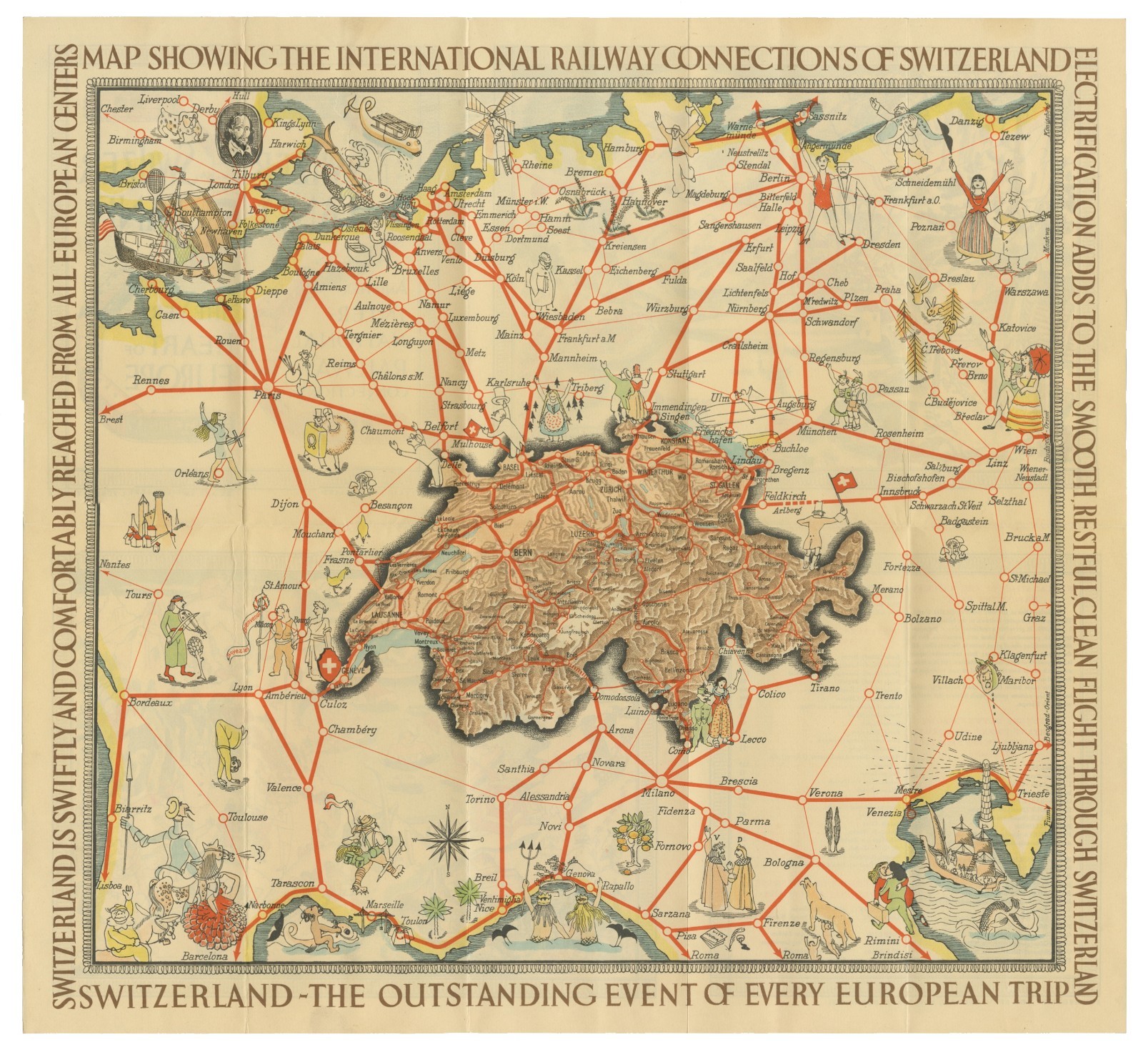 MAP SHOWING THE INTERNATIONAL RAILWAY CONNECTIONS OF SWITZERLAND 1931 Railroad