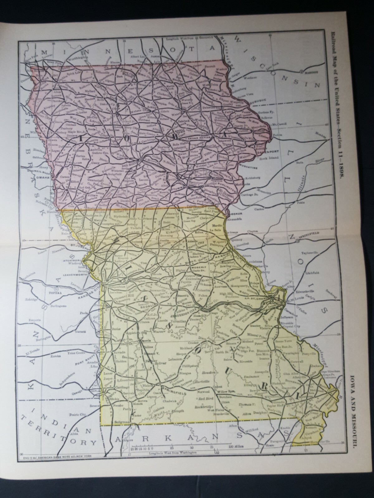 1898 rare MISSOURI IOWA color railroad map all RR stations & train routes 11×9