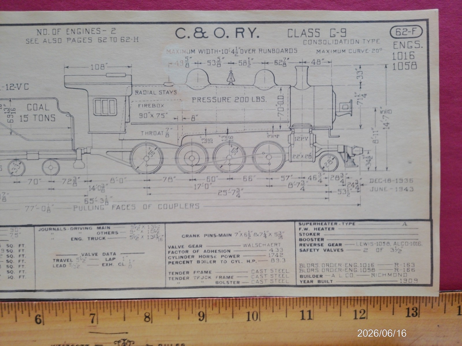 CHESAPEAKE & OHIO RAILROAD ORIG PRINTED DIAGRAM CLASS G-9 LOCOMOTIVE #1016 #1058