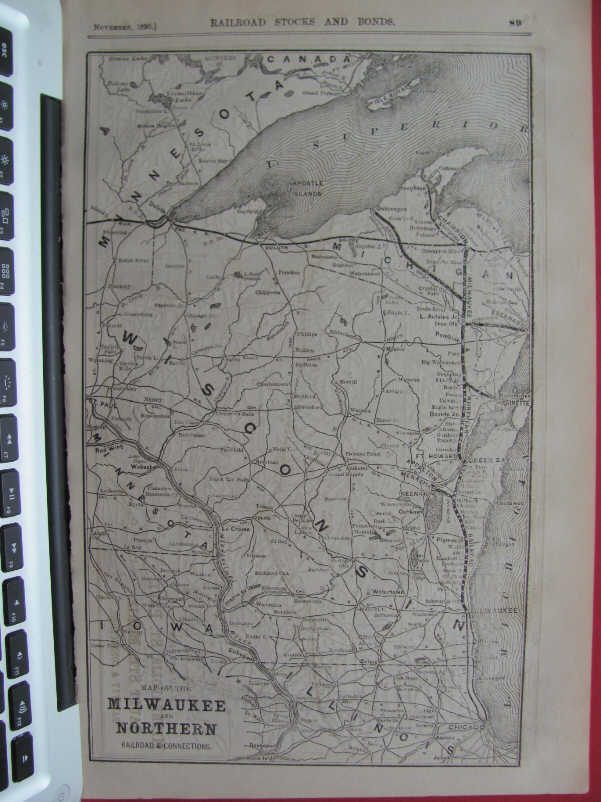 1890 NOV MILWAUKEE & NORTHERN RAILROAD & MSTP&SSM ORIGINAL SYSTEM MAP WI MI RRs