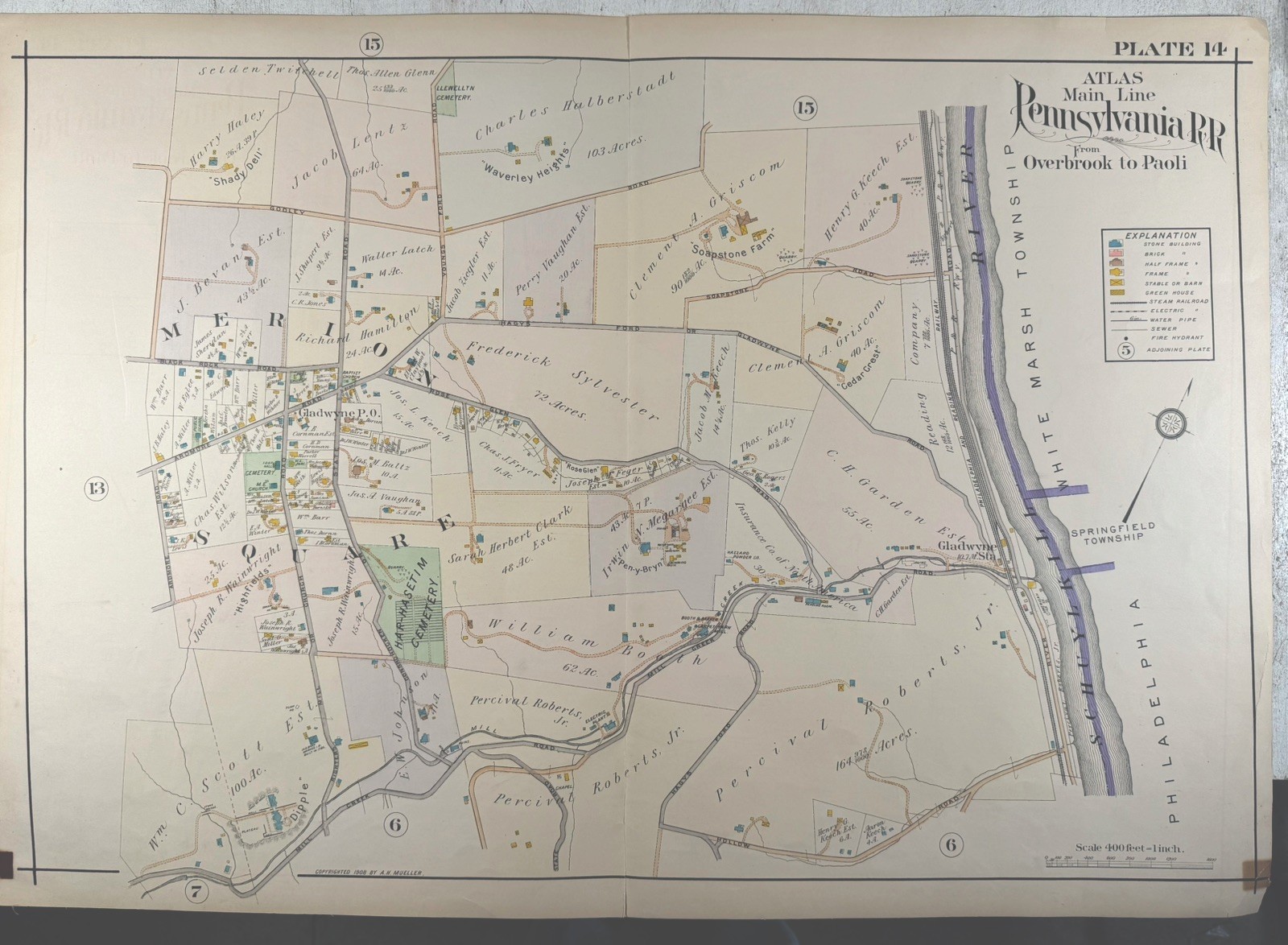 1908 Main Line Pennsylvania Railroad Map Overbrook to Paoli Gladwyne NICE