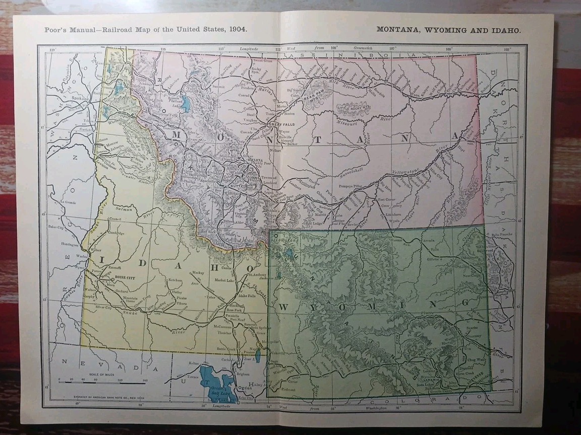 ~1904 Railroad Map MONTANA IDAHO WYOMING All railway Routes Depots 11×9″ vintage