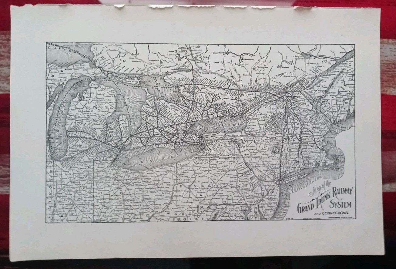 1910 Train Route Map GRAND TRUNK RAILWAY SYSTEM and Connections Canada 🇨🇦 USA