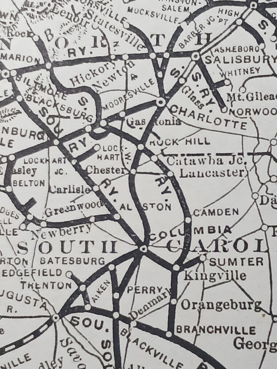 ~1910 railroad Map SOUTHERN RAILWAY and Connections ALL Train routes 9×11″