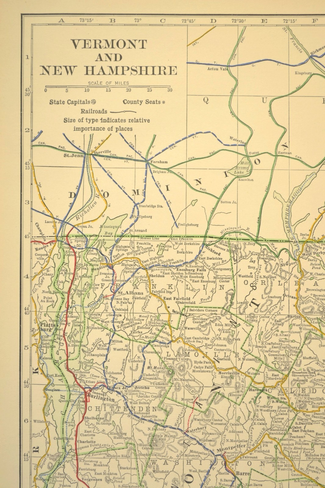 1914 Antique Map of VERMONT Railroads Map NEW HAMPSHIRE ORIGINAL Atlas Map DATED