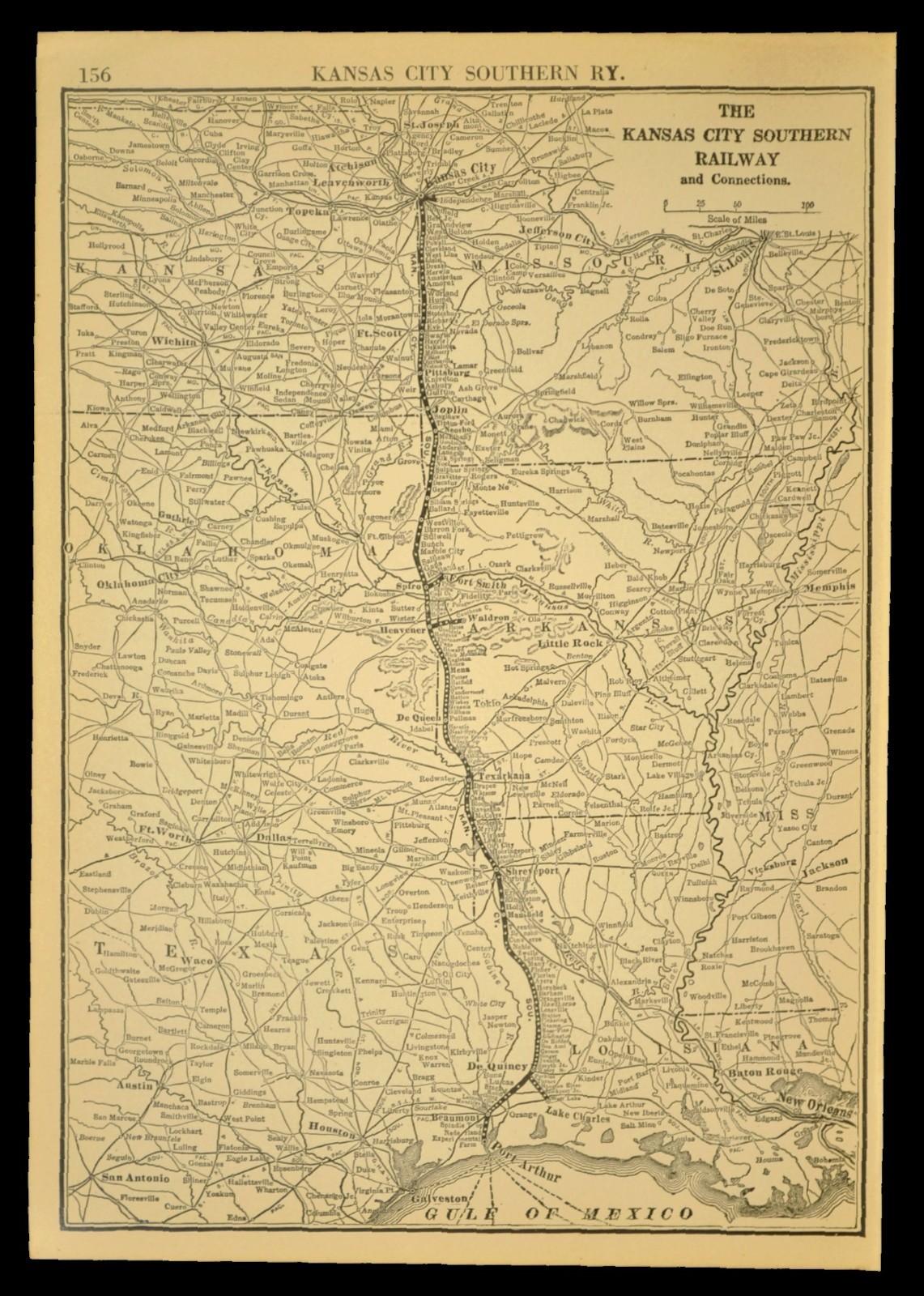 ca 1925 KANSAS CITY SOUTHERN Railway Map KCS Railroad Lines Port Arthur Texas
