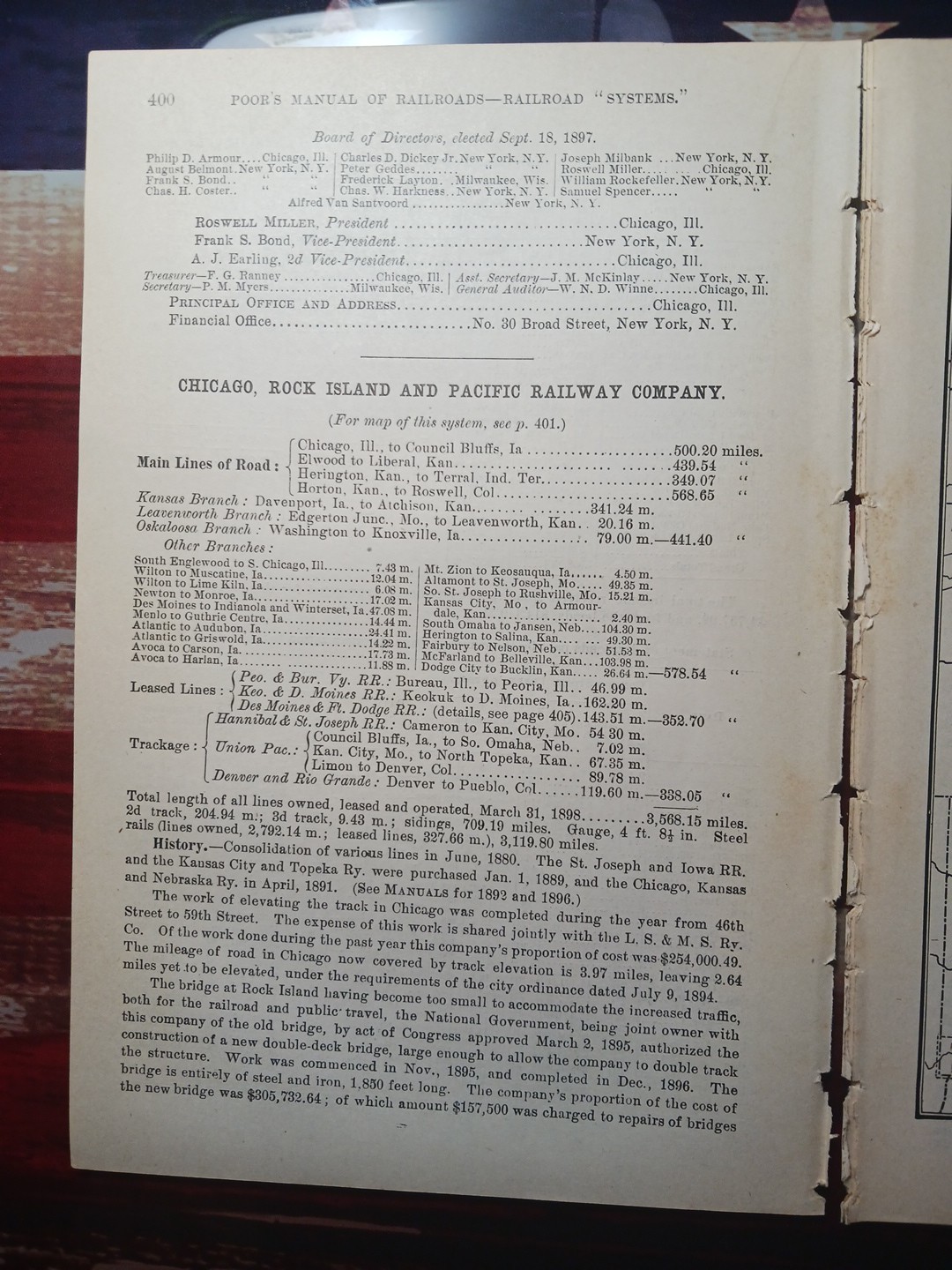 ~1898 Train Route Map + Railroad Report CHICAGO ROCK ISLAND & PACIFIC RAILWAY