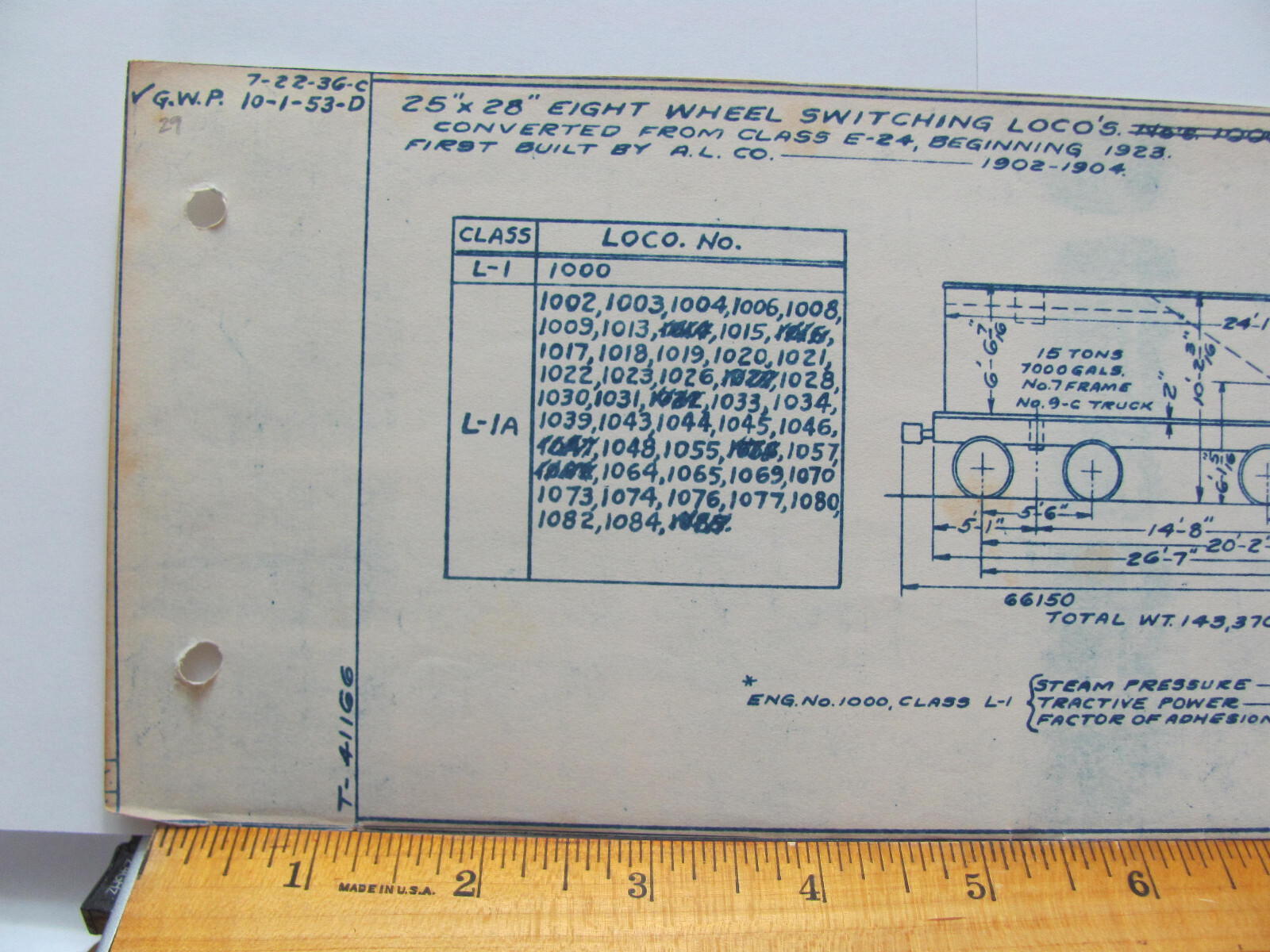 BALTIMORE & OHIO RAILROAD ORIG BLUEPRINT DATA DIAGRAM CLASS L-1A LOCOMOTIVES