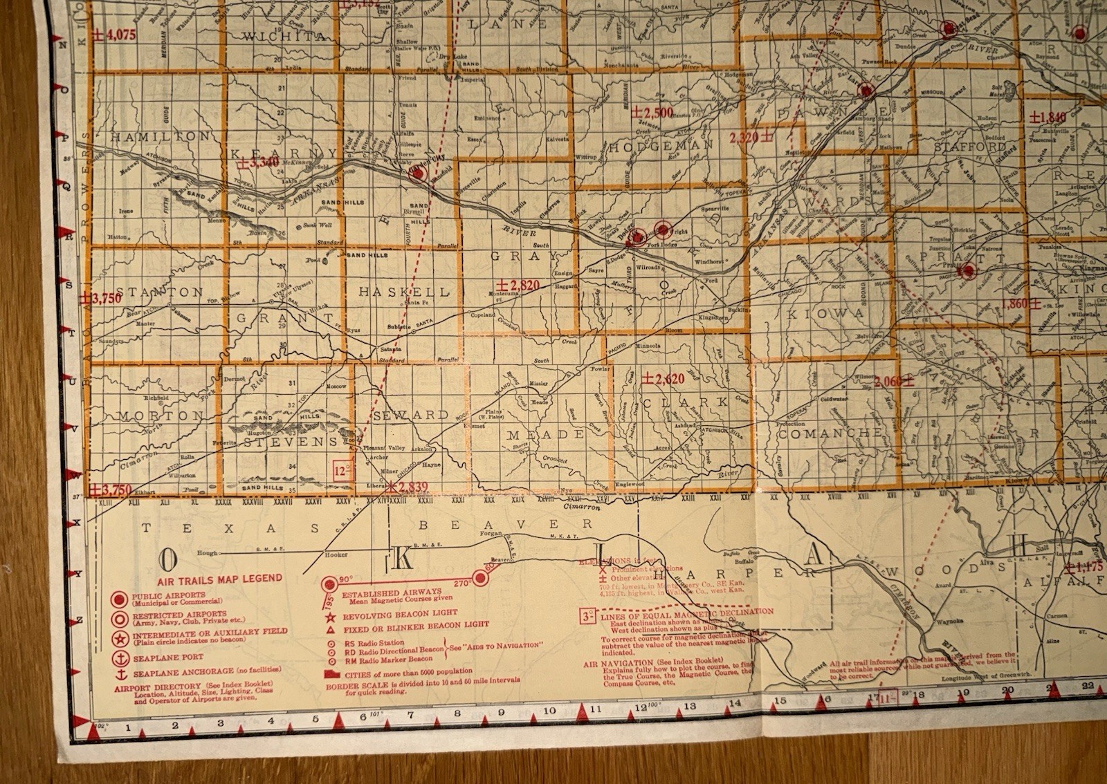 C.1920’s Era Rand McNally Map Of Kansas Air Trails & Railroads 2 Sided Very Rare