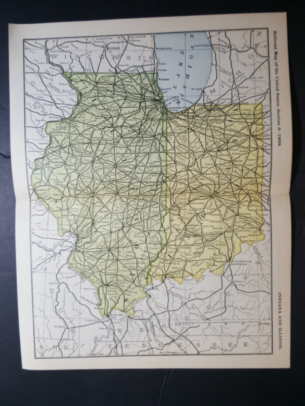 Original 1898 dated INDIANA ILLINOIS railroad map stations & train routes 11″x9″