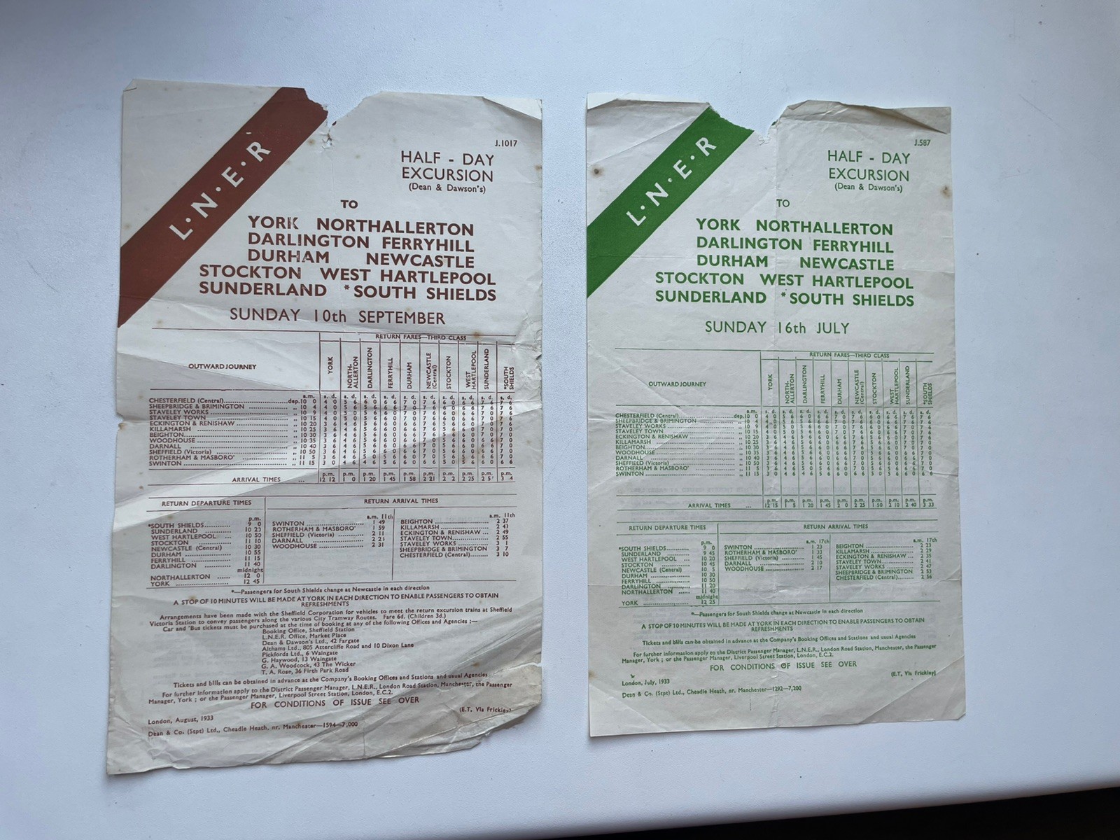2 x 1930s LNER train timetables for York, Durham, Newcastle, Sunderland