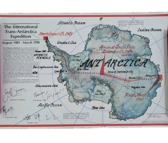 1990 International Trans Antarctica Expedition Signed Map Explorer Dogsled ICI