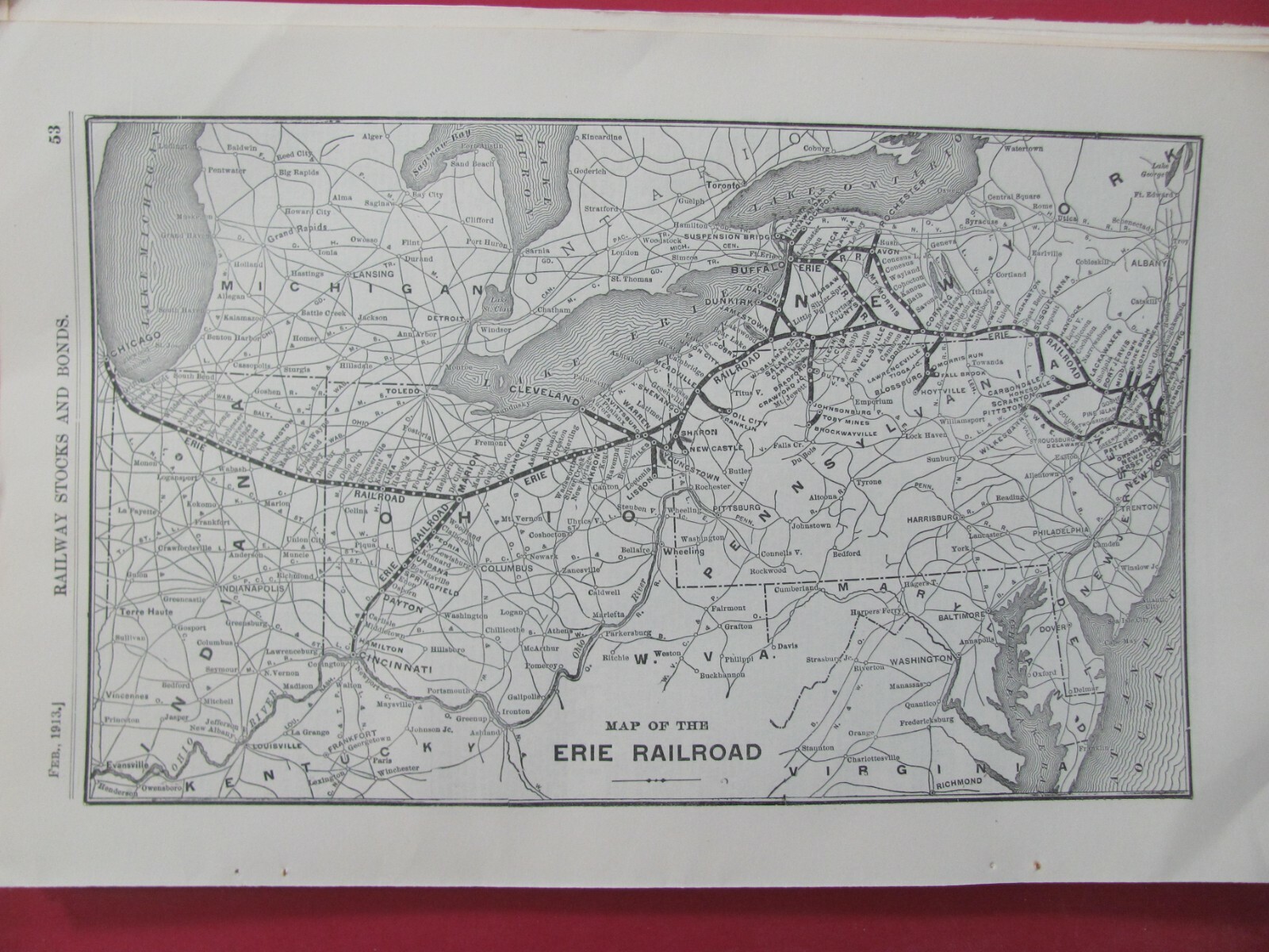 1913 ERIE RAILROAD SYSTEM MAP ROUTES STATIONS ERIE RR HISTORY OHIO PENNSYLVANIA