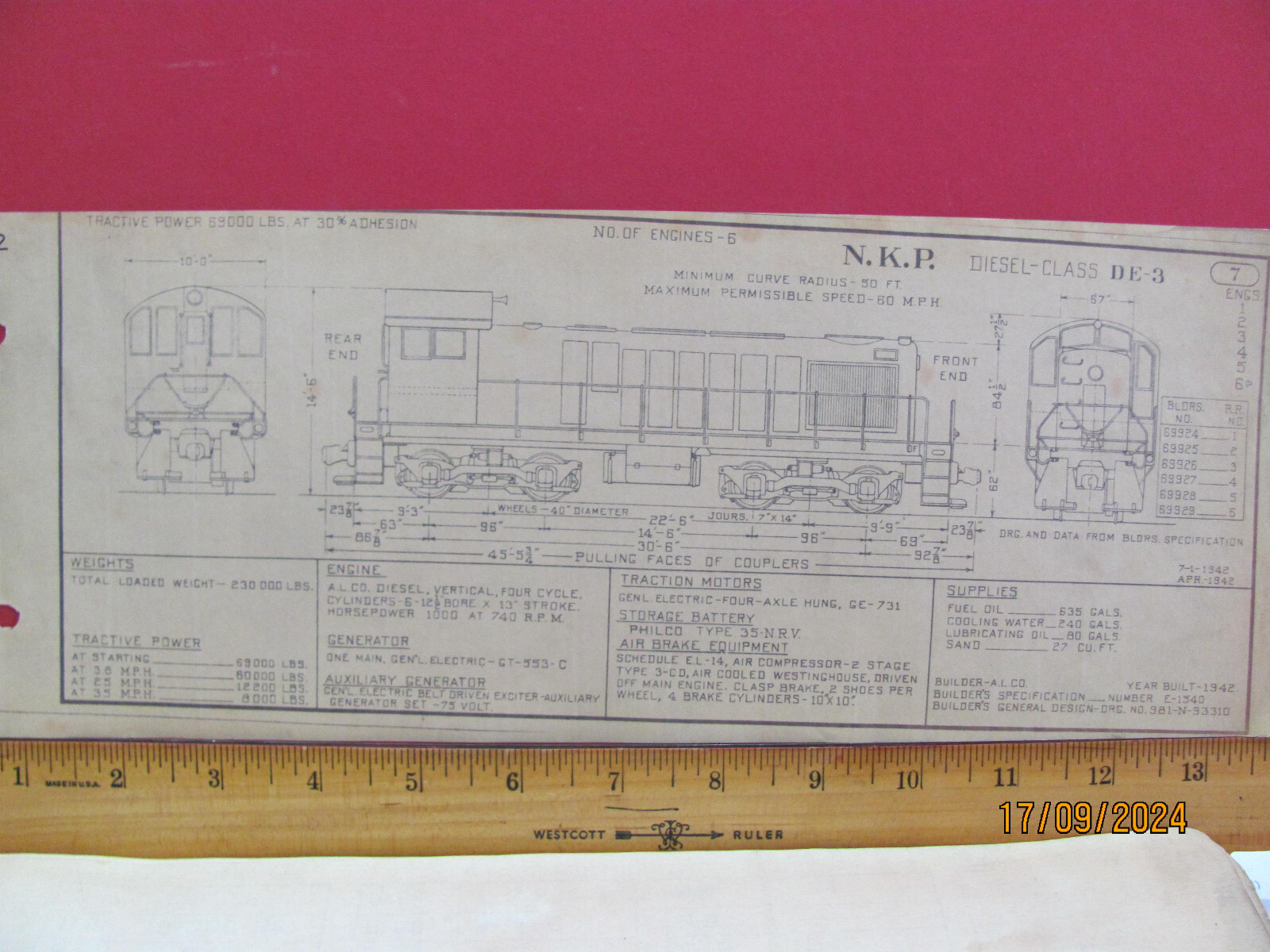 NICKLE PLATE ROAD RAILROAD ORIG 1943 DIAGRAM DIESEL LOCOMOTIVE #1-6 CLASS DE-3