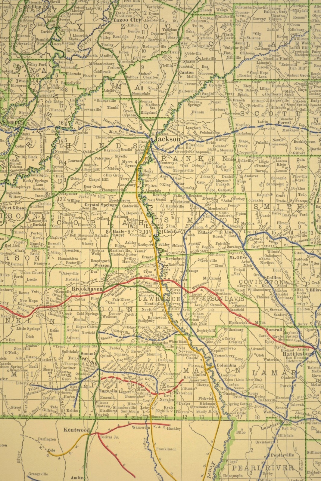 1914 Antique Map of MISSISSIPPI Railroads Map ORIGINAL Atlas Map IC RR DATED