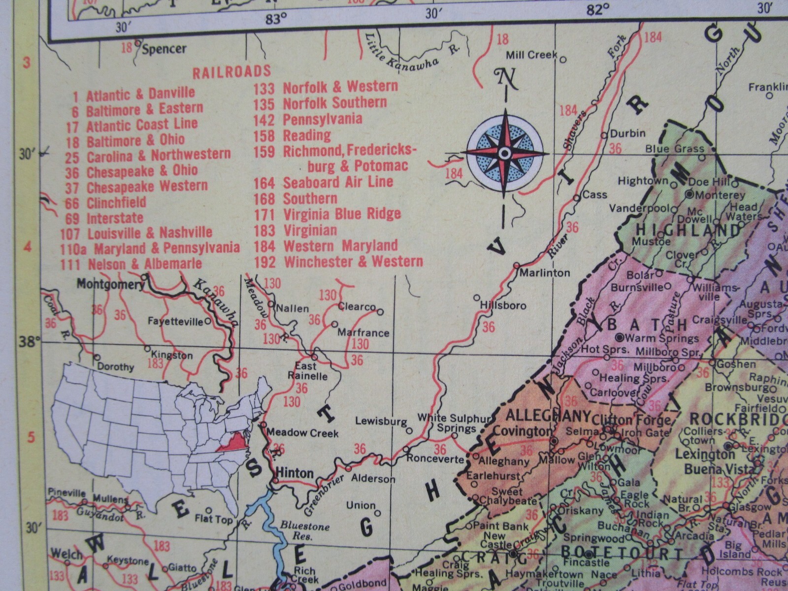 VA VT 1959 VIRGINIA RAILROAD Map B&O, C&O, WINCHESTER & WESTERN or VERMONT