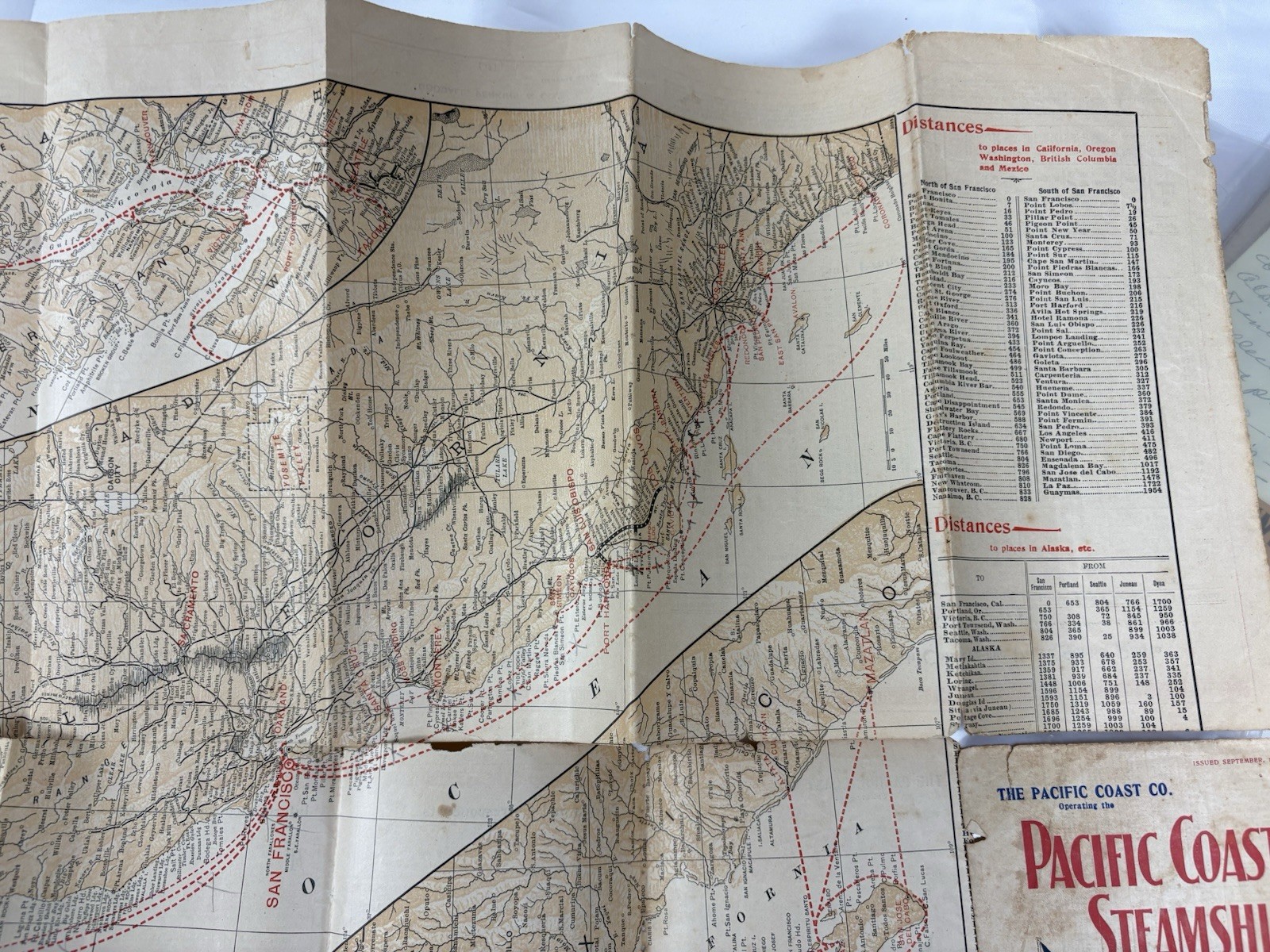 1898 Pacific Coast Steamship Route Map Alaska Klondike (Original, Worn)