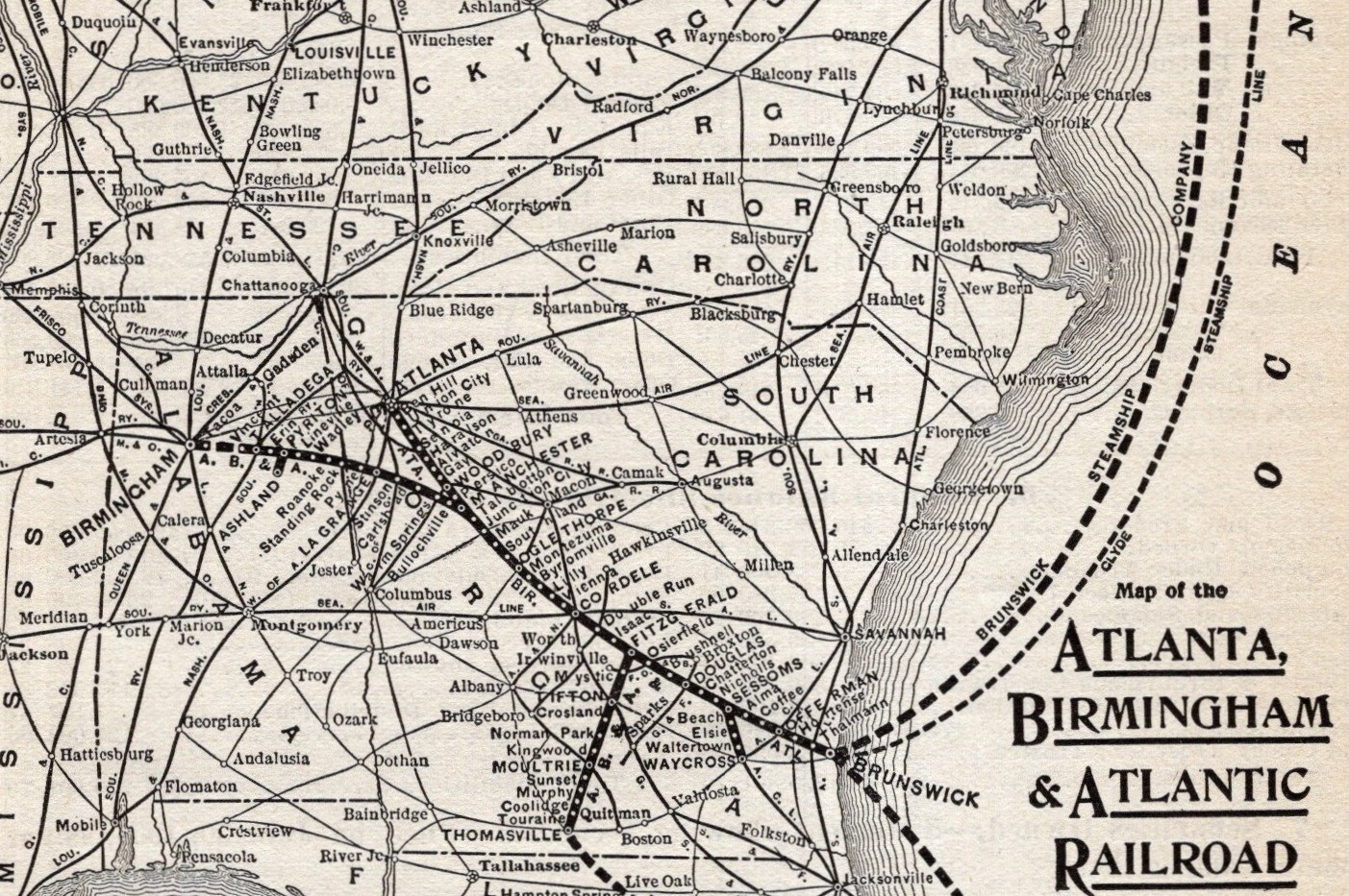1908 Atlanta Birmingham & Atlantic Railroad Map Brunswick Steamship Co 2855